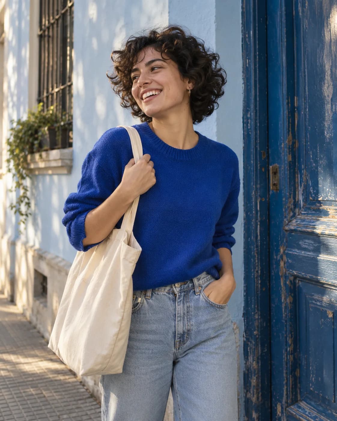 Imagen de campaña: una creadora con un bolso de tela en una calle de Montevideo
