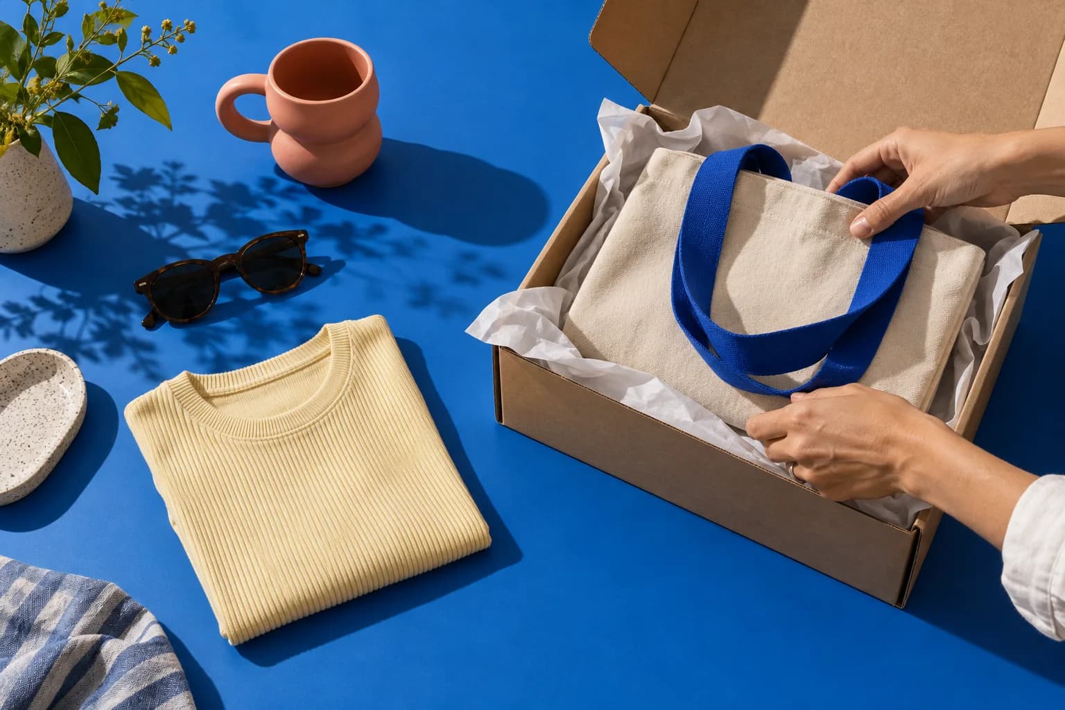 Imagen de campaña: productos de diseño y un pedido preparándose en una mesa azul